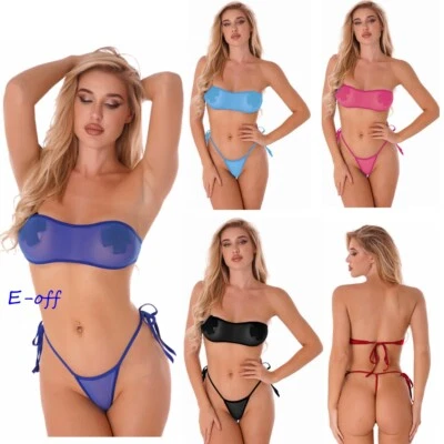Damen Mini Bikini Dessous Set Bandeau BH Top String Tanga Durchsichtig Bademode - Bild 1 von 3