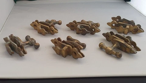 A matching set of 6 Antique brass Gothic design casement catches for restoration Cover