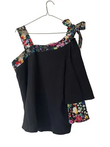 ETRO Womens Blouse 46 Silk Top Black Floral Trim Bow - Picture 1 of 11
