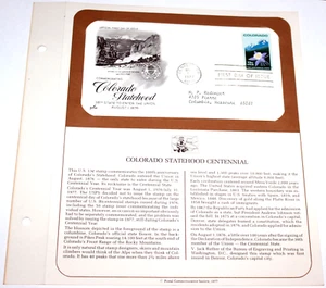 First Day of Issue Souvenir Page Colorado Statehood Centennial 1977 Stamp - Picture 1 of 3