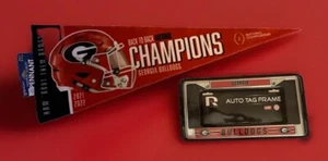 GEORGIA BULLDOGS BUNDLE CHROME LICENSE PLATE FRAME *NEW* + CHAMPIONSHIP PENNANT - Picture 1 of 11
