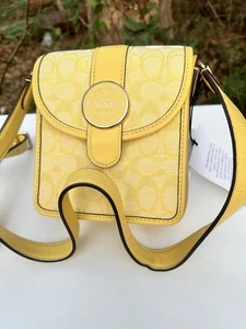 Coach Small Crossbody Purse Logo Yellow Canvas Phone Wallet Bag Yellow Gold - Picture 1 of 18