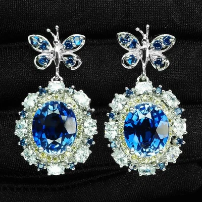 Exquisite Royal Blue Sapphire 12.36Ct 925 Sterling Silver White Gold Earrings - Image 1 of 4