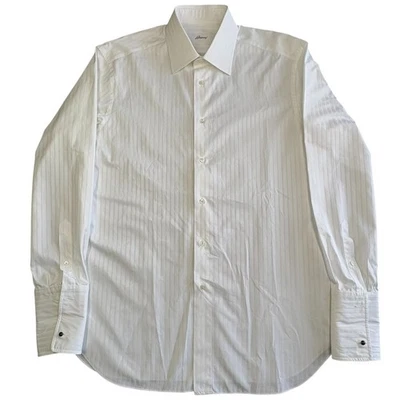 Brioni White French Cuff Dress Shirt Mens 16 Cotton Tonal Stripe Formal Italy - Image 1 of 4