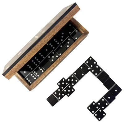 𝗟𝗨𝗫𝗨𝗥𝗬 𝗪𝗢𝗢𝗗𝗘𝗡 𝗗𝗢𝗠𝗜𝗡𝗢 𝗦𝗘𝗧 – Acrylic Lid & Silver Inlay - Image 1 of 4