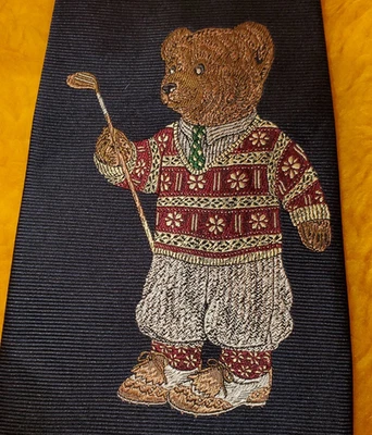 CLASSIC POLO ~ MENS SILK DRESS TIE ~ GOLF TEDDY BEAR ~ GOLFING ~ 58" - Image 1 of 4