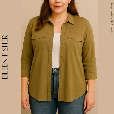 Eileen Fisher Olive Green Silk Cotton Button Down Shirt Blouse Size Large - Image 1 of 4