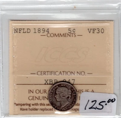 1894  Newfoundland 5 Cents Silver Coin - ICCS VF-30 - Image 1 of 2