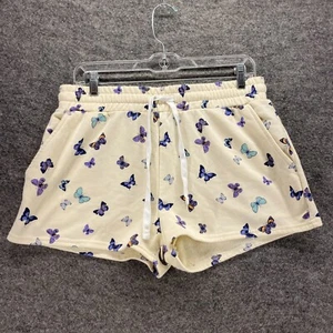 Forever 21 Sweat Shorts Women L Large Beige Butterfly Print High Rise Drawstring - Picture 1 of 10