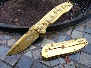 Gold Frame Lock Spring Assisted Skulls Thumb Stud Pocket Knife Tip Up Carry - Picture 1 of 18
