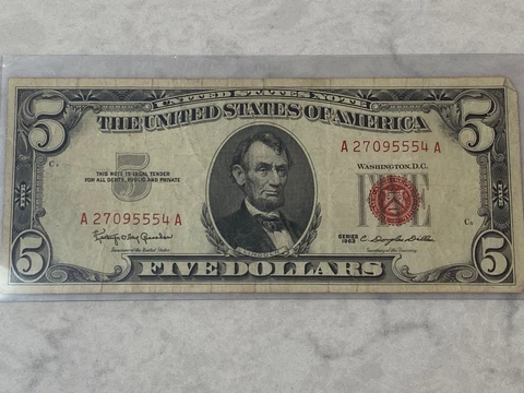 1963 Circulated United States Note Five Dollar  $5 Bill Red Seal Cover