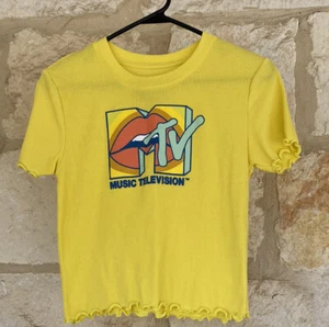 MTV Music Television Crop Top  Short Sleeve Bright Yellow Size Logo L - Picture 1 of 5