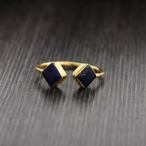 Genuine Lapis Lazuli Square Ring, 18k Gold Plated, Unique Handmade Gift For Her - Picture 1 of 5