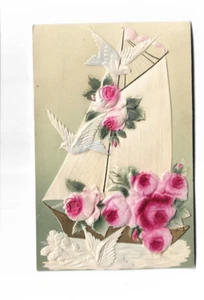 Early 1900s Embossed Postcard Greetings Sailboat Birds And Roses - Picture 1 of 2