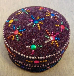 Jewelry Trinket Box Round Metal Purple Decorated With Beads From India - Picture 1 of 7