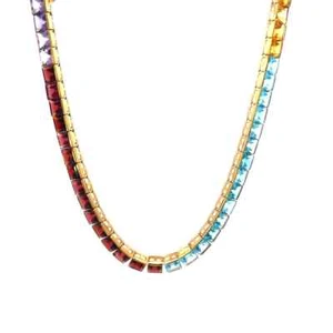 Yellow Gold Necklace Multicolor Rainbow Gems 14k Square Shape Half Bezel Set - Picture 1 of 7