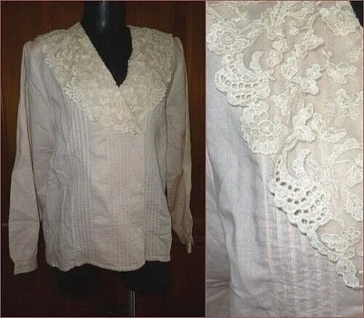 Blusa Top De Colección Años 80 Rosa Polvo Ramie Algodón Encaje Cuello Boho Boda Pradera XL Foto 1 de 4