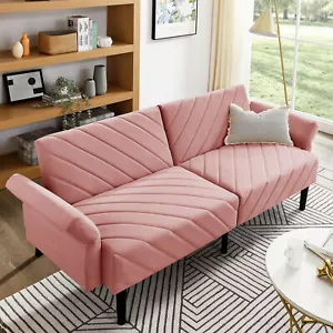 70 in 3 Seater Sofa Velvet Futon Sofa Bed Convertible Couch Bed Living Room Pink - Picture 1 of 14