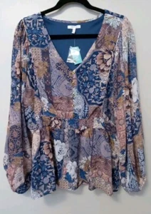 Maurices Women Multocolor Floral Elastic Waist Half Button Top Blouse Size 0X - Picture 1 of 9