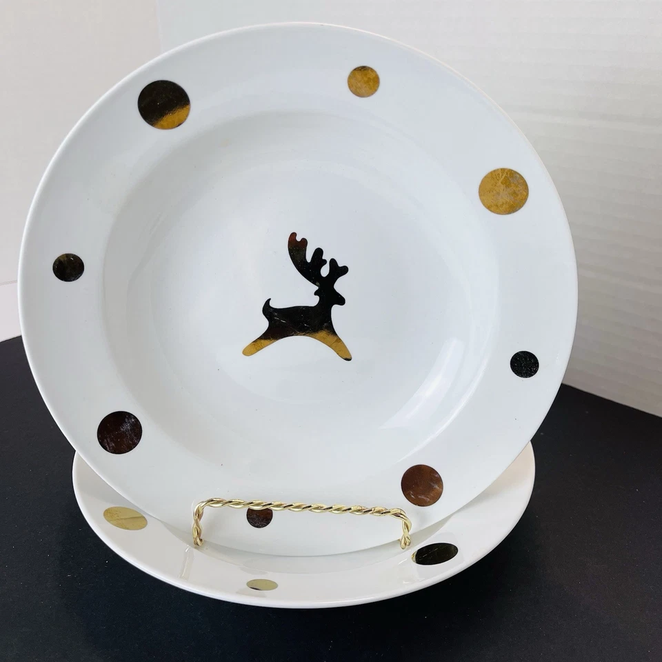 "Cuencos Century Fine China blancos con borde de reno con puntos dorados - 8,5"" - Navidad" Foto 1 de 4