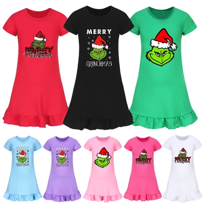 Girls Christmas Grinch Sleepwear Dress Kid Pyjamas Cozy Nightdress Nightwear Pjs - Image 1 of 4