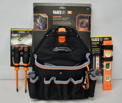 Klein Tools 18 Pocket Utility Pouch Heavy Duty w/ Screwdrivers & Level Lot New - Image 1 of 4