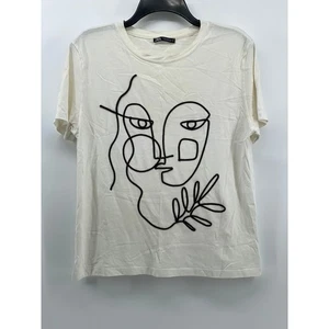 ZARA Damen Weiß-Schwarz Abstraktes Gesicht Grafik Rundhals Kurzarm Top Gr. M - Bild 1 von 12