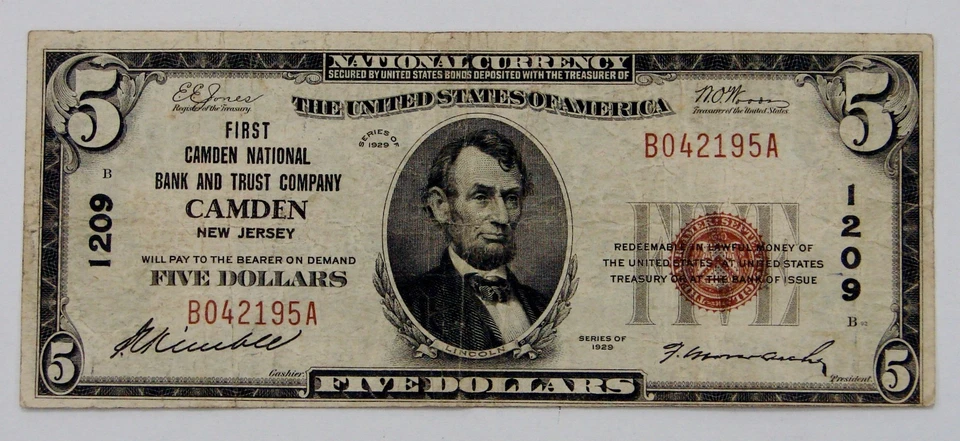 Camden, NJ - 1929 $5 First Camden NB & Trust Co. - CH# 1209 - Image 1 of 2
