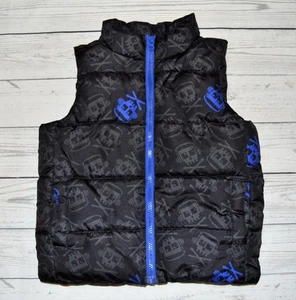 Boys XS X-Small 4 CRAZY 8 by Gymboree Zip Up Puffer Vest Black Blue Skulls WARM - Picture 1 of 3