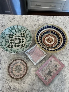 Vintage Mosaic Ceramic Tile Bowls Trays Art Deco 1970s Lot Of 5 - Picture 1 of 21