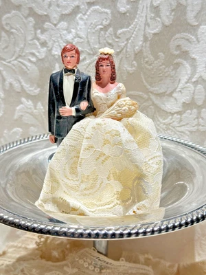 4.5" Plastic Wedding Bride and Groom  Cake Topper -Fabric Lace Dress - Image 1 of 4