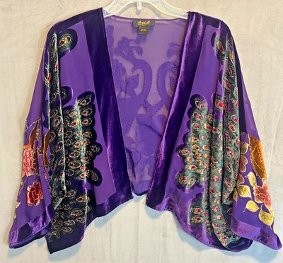 Aris A Silk Top Velvet Peacock Velvet Beaded Boho Kimono Asian Art Wear - Image 1 of 4