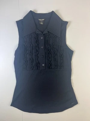 VNTG Y2K Guess Ruffle Button Front Sleeveless Black Collared Top Women's Size L - Image 1 of 4