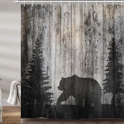 Rustic Cabin Bear Shower Curtain for Bathroom, Woodland Outdoor Hunting Fabric - Изображение 1 из 4