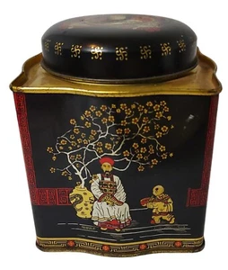 Vintage asiatische quadratische Dose Hongkong Metall schwarz orientalisches Dekor Goldrand Deckel - Bild 1 von 10