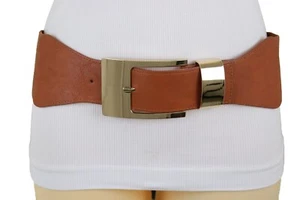 Women Brown Color Elastic Band Fashion Belt Hip High Waist Gold Metal Buckle S M - Picture 1 of 24