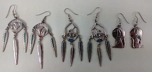 Southwestern Silver Tone Buffalo Turquoise Long Dangle Earrings Lot of 3 Pairs - Picture 1 of 8