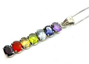 Long Sterling Silver Chakra Multi Gemstone Pendant Necklace - 8.5 grams - Picture 1 of 11