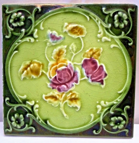 TILE VINTAGE PORCELAIN ROSE PURPLE ENGLAND ART NOUVEAU MAJOLICA COLLECTIBLES#110 Cover