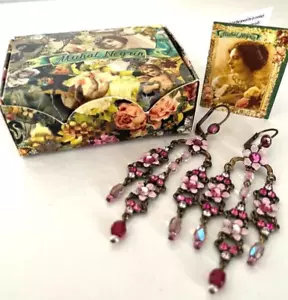 Michal Negrin 3 Row Drop Earrings Pink Crystal Enamel Flower 3" Long New in Box - Picture 1 of 8