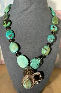 Large Heavy Turquoise Pendant Necklace, Silver Set Labrodorite Ammonite, 18"l - Picture 1 of 18