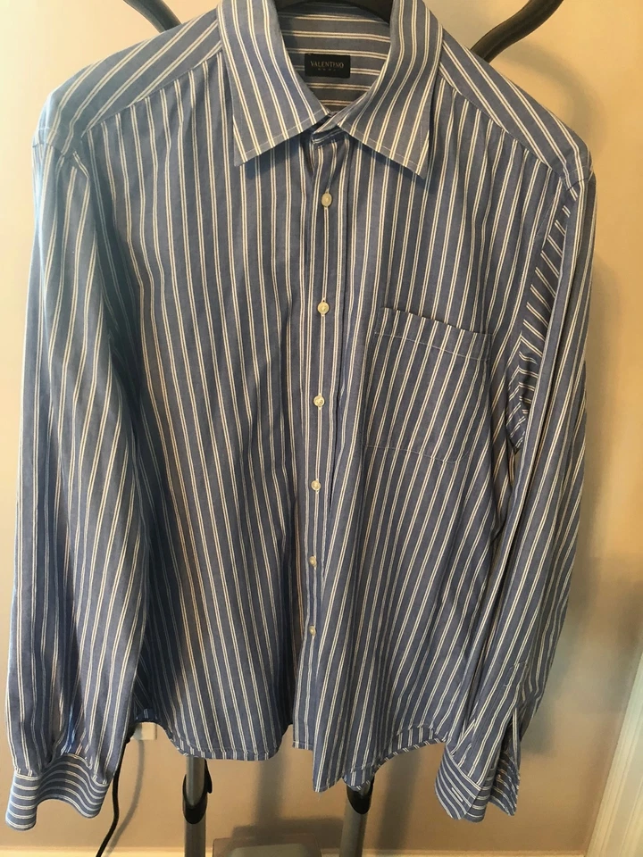 Camisa VALENTINO ROMA Azul Maíz Botón Frontal Algodón Rayas Talla 16.5 34/35 Foto 1 de 4