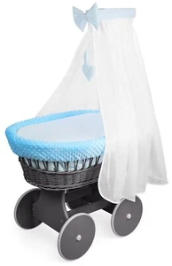 Grau Weidenrollen Moseskorb Baby + komplettes Bettwäsche Set Grübchenblau - Bild 1 von 5
