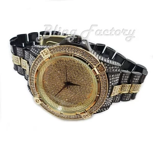 Men Hip Hop Two Tone Iced Lab Diamond Bling Rapper Metal Band Luxury Watch - Picture 1 of 3