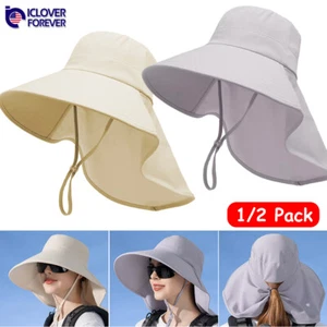 Wide Brim Women Sun Hat UV Protection Neck Flap Ponytail Fishing Gardening Cap - Picture 1 of 18