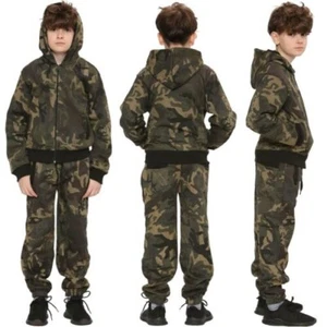 Kids Tracksuit Boys Girls Designer Green Camouflage Jogging Suit Top Bottom 5-13 - Picture 1 of 9