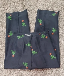Womans Sz 4 SILK CLUB Collection Black wth Plant Embroidery 100% Silk Lined Pant - Picture 1 of 4