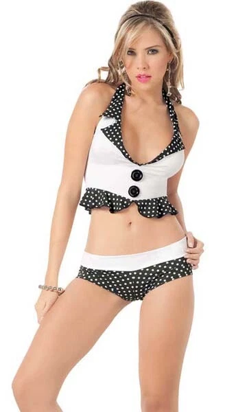 2071 Negro Lunares 2 Piezas Pantalones Cortos Top Club Ropa Bikini Baile Disfraz Rave S M L Foto 1 de 4