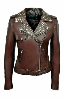 Women's Studded Leather Jacket Genuine Lambskin Brown Motorcycle Fashion Coat - Image 1 of 4
