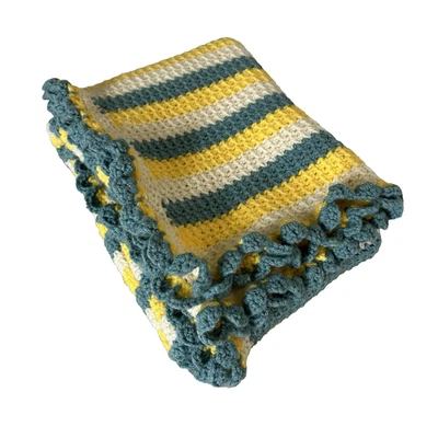 Manta tejida hecha a mano a rayas 36" cuadrada bebé tiro Grannycore amarillo verde azulado Foto 1 de 3